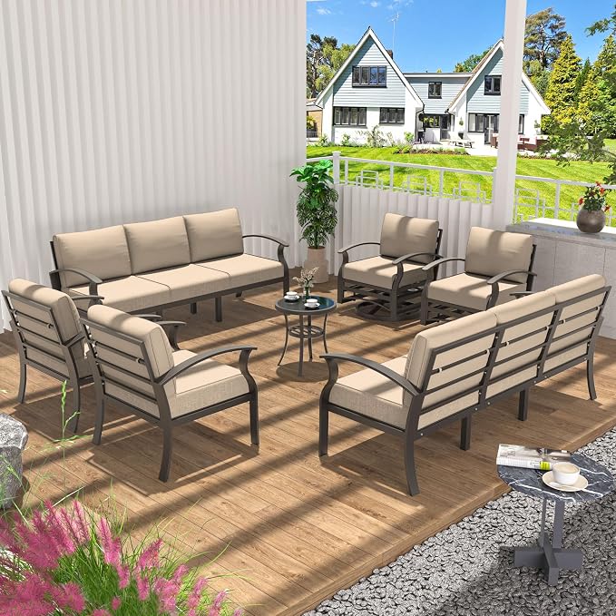 Aluminum Patio Furniture Set Patio Conversation Set,10 Seats Metal Modern Outdoor Furniture w/5.1" Cushions,Patio Sectional w/Swivel Chairs for Patio,Backyard,Sand