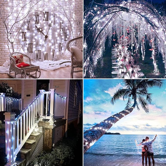 Joomer Solar Fairy Lights, 4Pack Total 104FT 320LED String Lights, White | Silver Wire, Solar String Light Waterproof 8 Lighting Modes for Patio Fence Party Garden Yard Home Outdoor Decoration