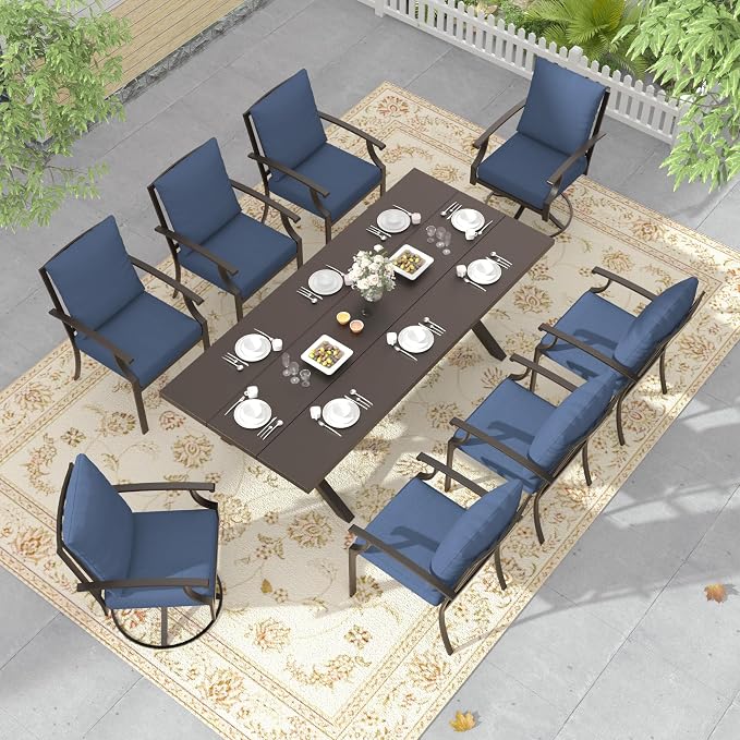9 PCS Outdoor Patio Dining Set,Patio Table and Chairs Metal Outdoor Patio Furniture Set with Umbrella Hole,Dining Table Set with Swivel Chairs for Deck,Backyard and Garden,Navy Blue