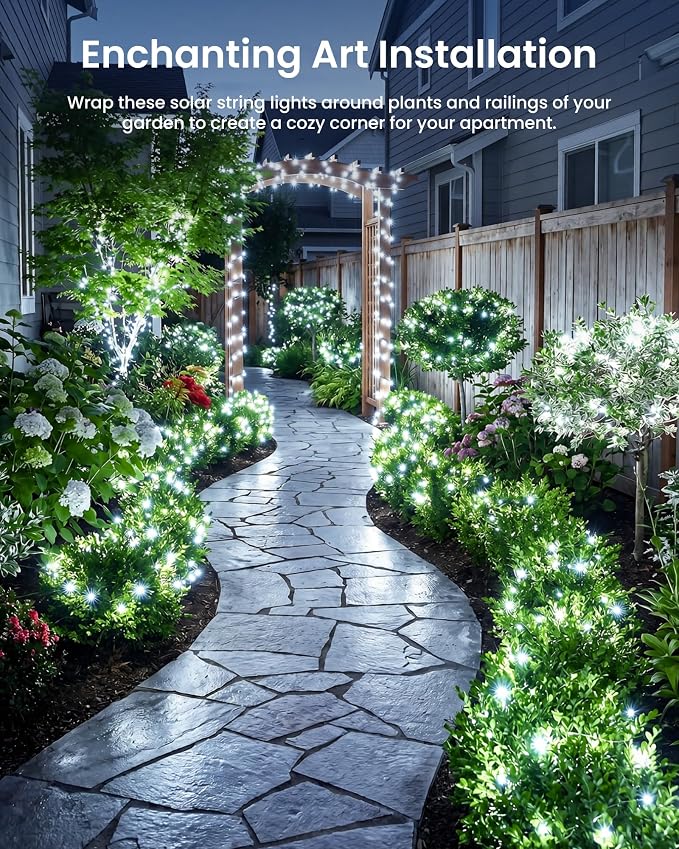 Minetom Solar Fairy Lights, 2 Pack Total 66 FT 200 LED Solar String Lights | IP65 Waterproof Twinkles Lights with 8 Modes, Christmas Lights Outdoor for Patio Party Garden Yard Tree Decor (Cool White)