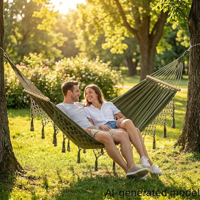 Boho Fringe Hammock with Carry Bag and 2 Tree Straps, 2 Person Fabric Hammock, 500 lb Capacity for Backyard, Porch, Patio, Camping, Indoor Outdoor Use