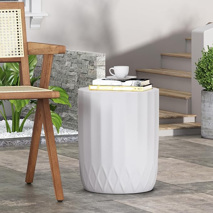 Outdoor Side Table 15" Geometric Shape Lightweight Concrete-Look Outdoor Indoor Accent Table Decorative Garden Stools, for Patio Porch Living Room, White