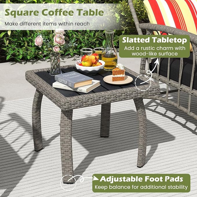 Tangkula 3 Pieces Patio Wicker Furniture Set, 5-Level Adjustable Backrest Cushioned Outdoor Conversation Bistro Chairs and Coffee Table Set, for Lawn, Garden, Poolside and Balcony (Mix Grey)