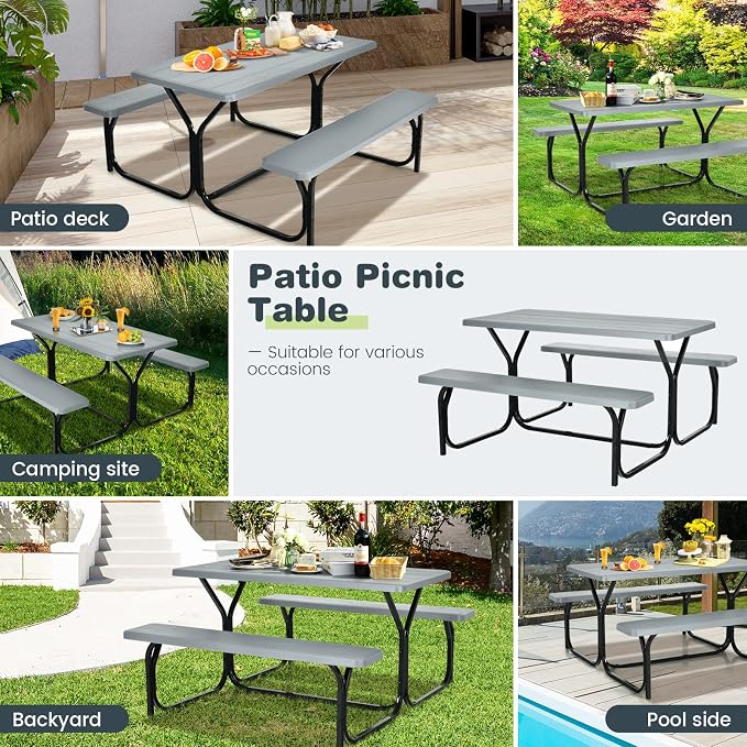 COSTWAY Outdoor Picnic Table, HDPE Plastic Picnic Table Bench Set with Weather Resistant Tabletop & Wood Texture, Ideal for Patio, Backyard (59" D x 54" W x 28.5" H,Grey)