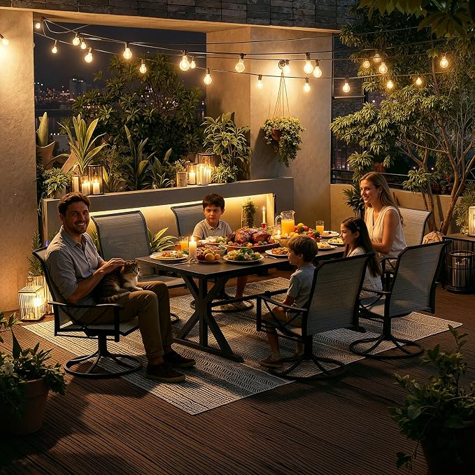 Kurapika 7-Piece Patio Dining Set, Outdoor Cross-Legged Large-Top Table with Umbrella Hole and 6 Swivel/Rocking Chairs, Patio Furniture Set for Garden, Deck, Brown