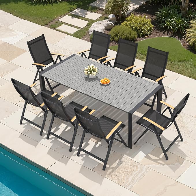 9-Piece Patio Dining Set, 83" Aluminum Outdoor Table with 8 Chairs | Adjustable Reclining Back& Wood Grain Tabletop with Umbrella Hole for Garden Backyard Deck, Grey