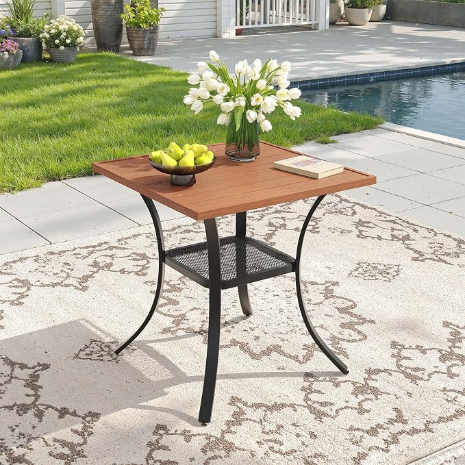 DIFY 27.6" Small Square Outdoor Dining Table for 2, Slatted Metal Patio Table with Storage Shelf, All-Weather Patio Dining Table for Garden Backyard Deck, Walnut Tabletop