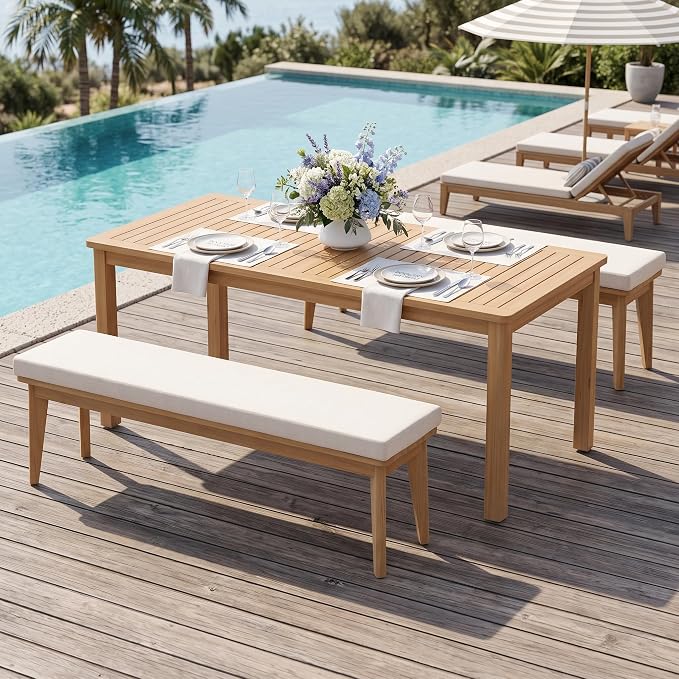 FansaFurn 3-Piece Acacia Patio Table and Chairs Set for All-Weather | Outside Furniture with Table Umbrella Hole and Removable Cushion, Backyard Furniture with Outdoor Bench for Garden Lawn