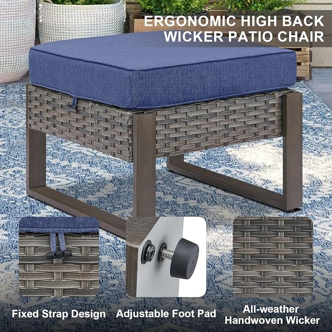 Belord Modern Outdoor Patio Furniture 7 - Person Outdoor Swivel Glider Seating Group, Backyard Wicker Furniture Set with Aluminum Armrests, Grey Wicker Blue Cushion