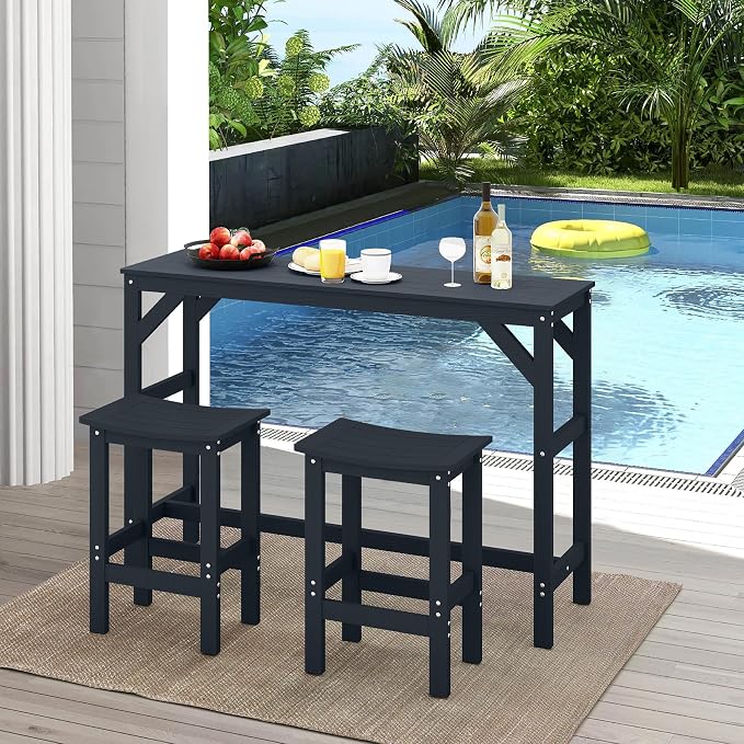 HIPS Outdoor Patio Bar Set, All Weather HIPS Bar Table and Chairs Set for Outside, 55" Rectangular High Top Bar Table with 2 Bar Stools for Poolside, Patio, Balcony, Deck (Black, 3 Pcs Set)