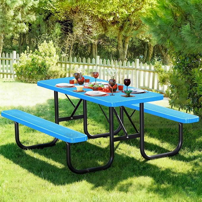 Heavy Duty Picnic Table with Umbrella Hole, Expanded Meta Outdoor Metal Patio Dining Table & Outdoor Bench Set, Steel Mesh Dining Furniture for Garden, Lawn, Patio (6FT Rectangular Table/ Blue)