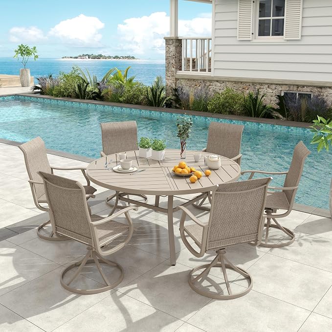 VICLLAX 50" Round Patio Dining Table for 6, All Weather Metal Outdoor Table with 1.57" Umbrella Hole and Surdy Frame for Garden Lawn Deck, Sandshell