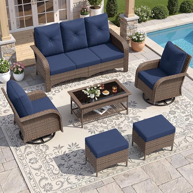 UDPATIO High Back Patio Furniture Set with 2 Swivel Rocker Chairs, Wicker Outdoor Conversation Sets with Thick Cushions & Ottoman, for Garden, Porch