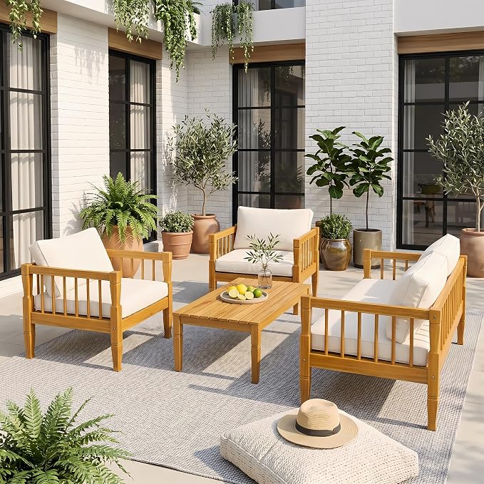 4 Piece Patio Furniture Set, Acacia Wood Modern Outdoor Conversation Set with Thick Removable Washable Cushions, All Weather Wooden Patio Seating Set for Poolside, Backyard, Balcony & Front Porch