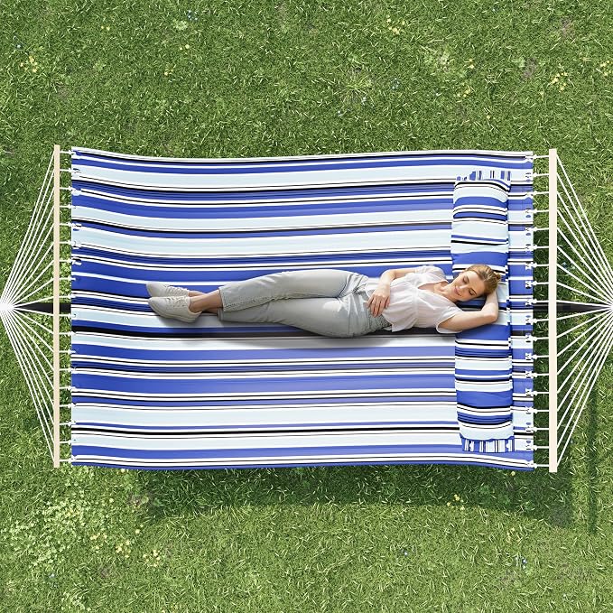 Double Hammock with Stand, Outdoor Freestanding Hammock for Two People, Max 475lbs Capacity, Heavy Duty Steel Frame, Quilted Pillow & Portable Carry Bag, Easy Assembly, Navy Blue Stripes