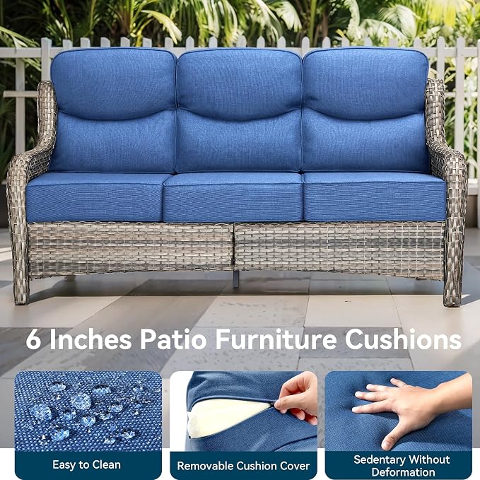 Luxury High Back Outdoor Furniture with 6-Inch Thick Cushions, Patio Furniture Set with Swivel Chairs, 8 PCS Wicker Conversation Set for Porch, Balcony, Deck and Yard