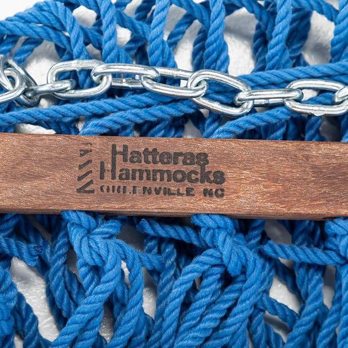Hatteras Hammocks DC-15CB Executive Coastal Blue Duracord Rope Hammock with Free Extension Chains & Tree Hooks, Handcrafted in The USA, Accommodates 2 People, 450 LB Weight Capacity, 13 ft. x 65 in.