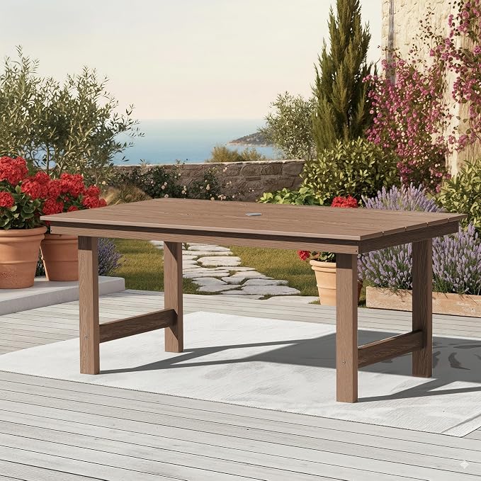 KINGYES All Weather Outdoor Dining Table with Umbrella Hole, HDPE Rectangular Patio Table for Backyard, Garden, Porch, Deck, Brown