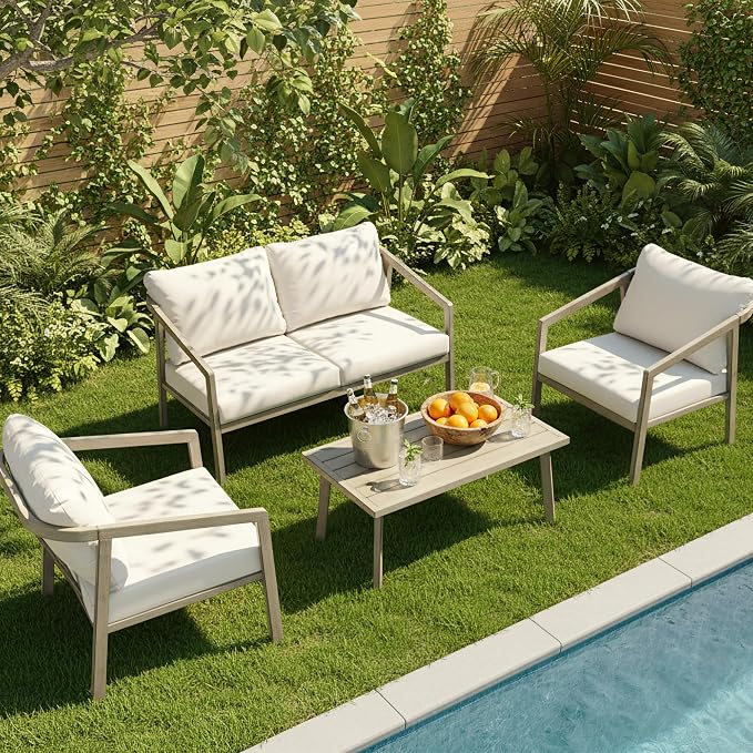 4-Piece Patio Sofa Set, Never-Rust Aluminum Patio Furniture with Thick Removable Cushions, Outdoor Conversation Set with 2 Armchairs, Loveseat & Table for Garden Deck Pool Poolside (Taupe)