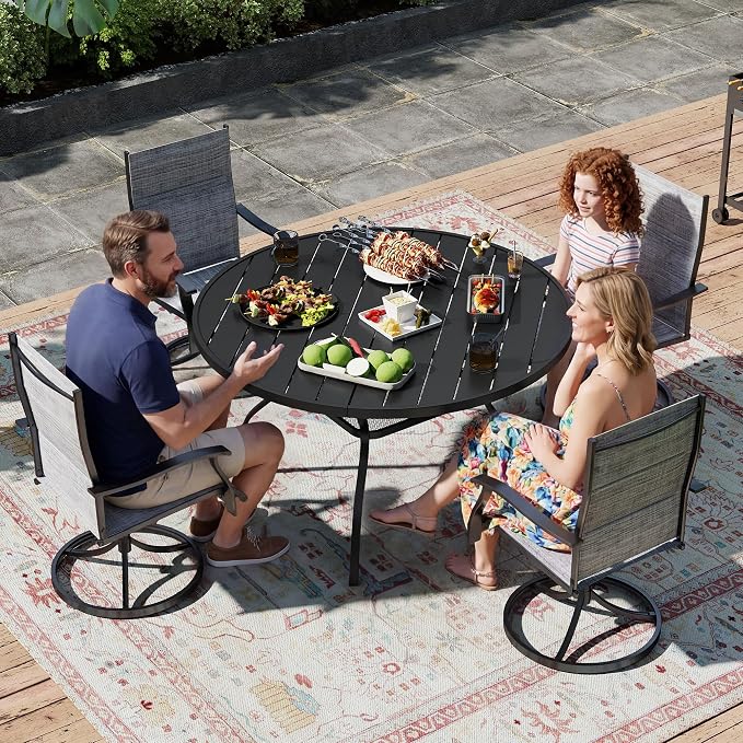 47.2 Inch Round Patio Table for 4 with Adjustable Umbrella Hole, Rust-Resistant Metal Frame, Outdoor Dining Table All-Weather for Backyard, Garden, Lawn, Poolside, and Outdoor Café Use – Black
