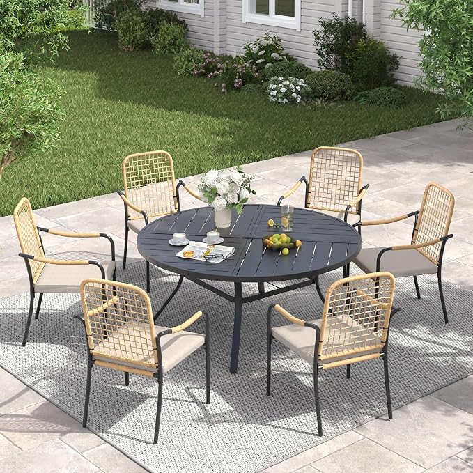 VICLLAX 53" Round Patio Table with Umbrella Hole, All Weather Metal Outdoor Dining Table for 6-8, Outside Table for Lawn Garden, Black