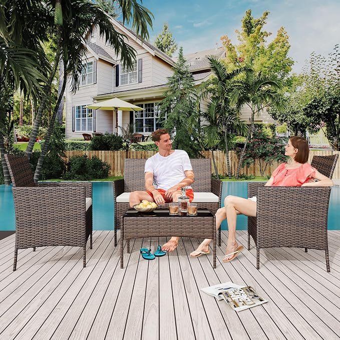 4 Pieces Patio Furniture Sets, Outdoor Wicker Conversation Sets with Soft Cushion and Glass Table, All Weather Manual Rattan Chairs for Garden, Terrace, Porch, Lawn, Poolside, Brown and Beige