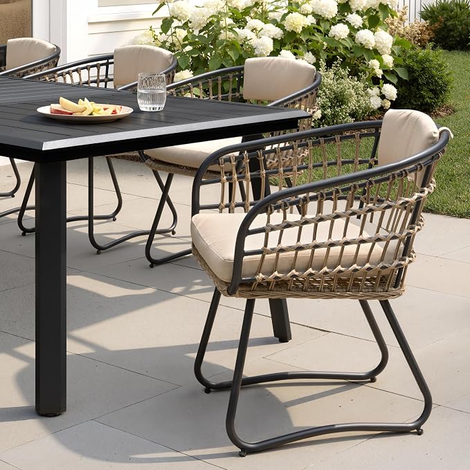 Pellebant 7-piece Outdoor Dining Set for 6 Person - Weather-Resistant Patio Dining Furniture Set, 83" Aluminum Outdoor Table with Umbrella Hole, Wicker Chair with Cushion for Deck, Porch, Backyard