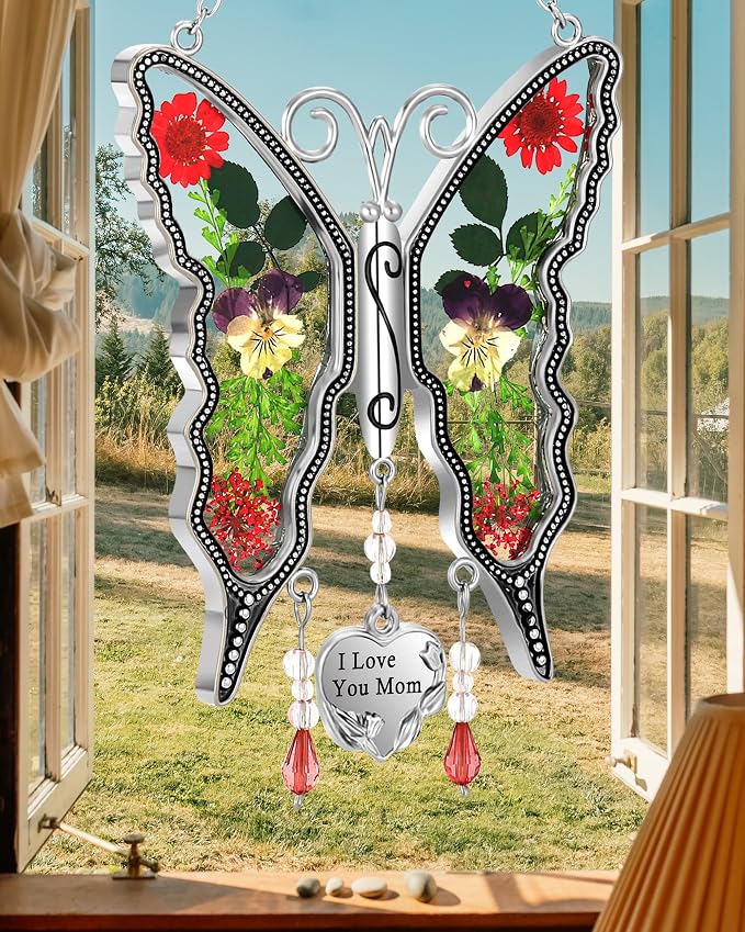KY&BOSAM Mom Gift Butterfly Glass Pressed Flowers Suncatcher Window Hanging | I Love You Mom Charm Sun Catchers Wind Chime Ornament,Metal & Dried Flowers,Mothers Day Gifts for Mom Birthday Christmas