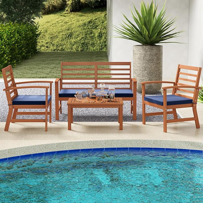 Tangkula 4 Pieces Outdoor Furniture Set, Acacia Wood Conversation Set w/Soft Seat Cushions, Stable Acacia Wood Frame, Patio Sofa & Coffee Table Set for Backyard, Porch, Poolside (Navy)