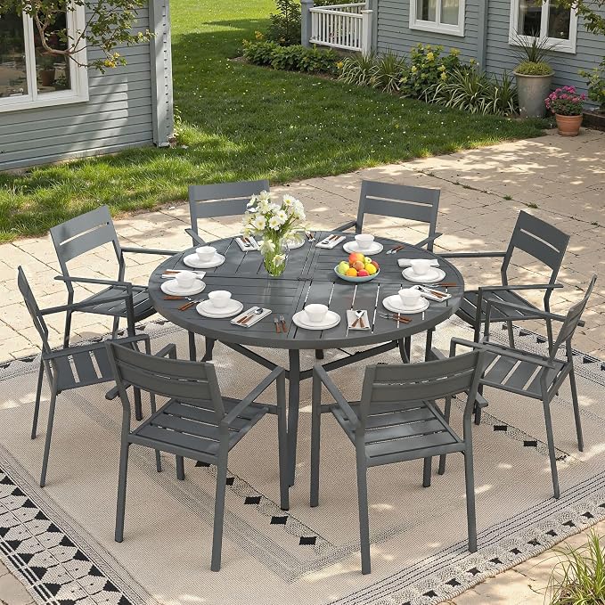 53.1" Outdoor Dining Table with Adjustable Umbrella Hole, Metal Slatted Round Patio Dining Table for Backyard Garden Deck, Dark Grey
