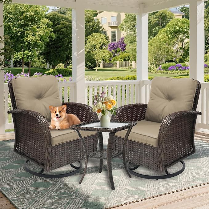 Outdoor Swivel Rocker Patio Chairs 3 Pieces,Swivel Patio Chairs with Cushions,Outdoor Swivel Rocking Chairs Set of 2 with Rattan Side Table,Patio Furniture Set for Outside Porch Deck