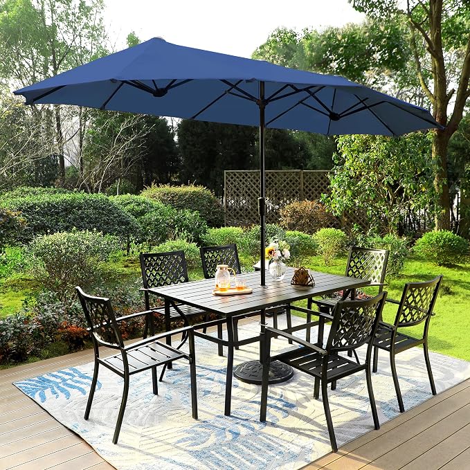 PHI VILLA 8 Pcs Patio Outdoor Dining Set w/ 13ft Double-Sided Patio Umbrella