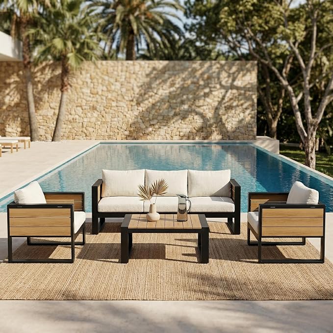 4-Piece Aluminum Frame Outdoor Patio Furniture Set for 5 Person, 3-Seater Sofa, 2 Armchairs with Fold-Out Side Tables, Modern Garden/Patio Seating, All-Weather Use, Beige Cushions