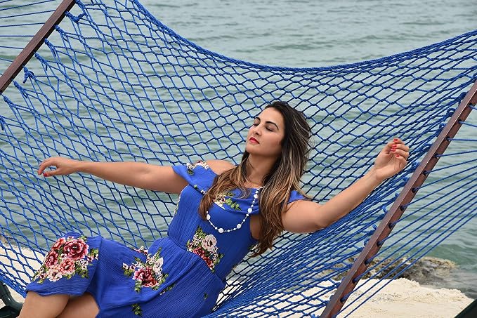 Island Escape Rope Hammock and Stand Set (Mocha Stand and Dark Blue Hammock)