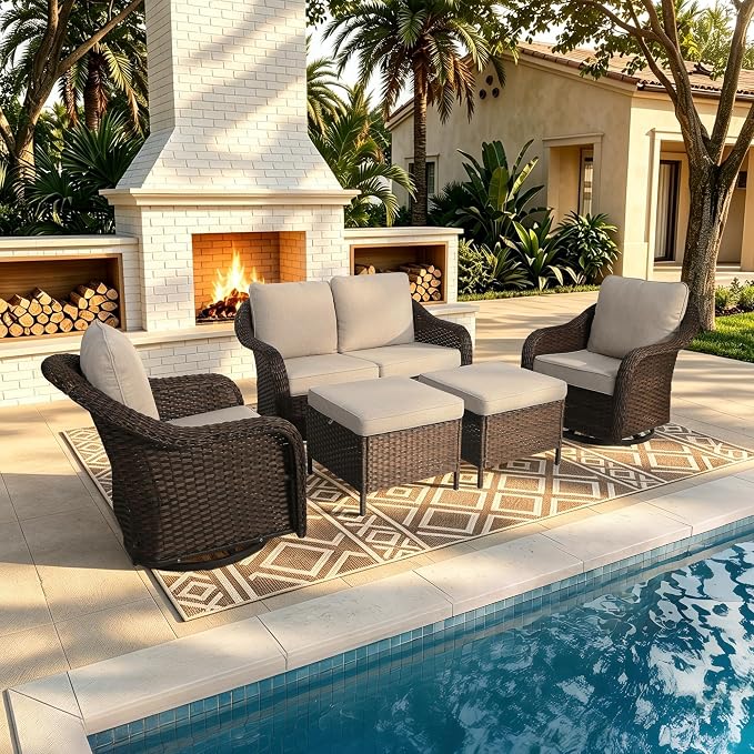 5 Piece Patio Wicker Conversation Set, All-Weather Use Outdoor Wicker Loveseat with 2 PE Rattan Ottomans,2 Swivel Chair, Ideal for Porch, Backyard, Balcony, Poolside, Beige