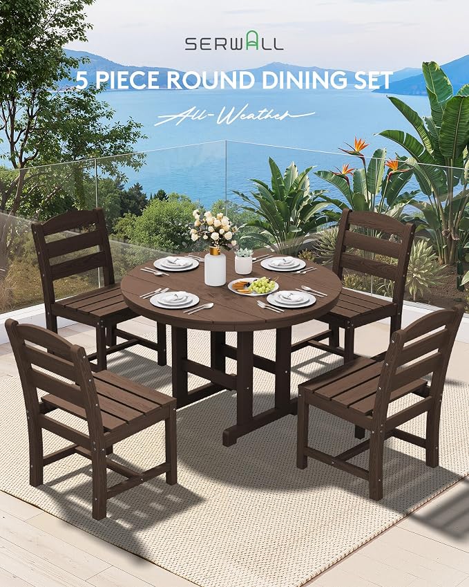 SERWALL 6-Piece Patio Dining Sets, HDPE Outdoor Table and Chairs Furniture Set with Umbrella, 45" Round Dining Table & 4 Armless Dining Chairs & 1 9FT Umbrella, Coffee(Not Include Umbrella Base)