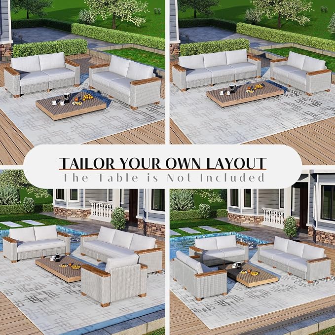 LUXOAK 7-Piece Outdoor Patio Sofa Set, PE Wicker Furniture with 5.9" Solid Wood Armrest, Deep Seating Sectional Conversation Set with Cushions for Backyard, Deck, Porch, Poolside, Garden