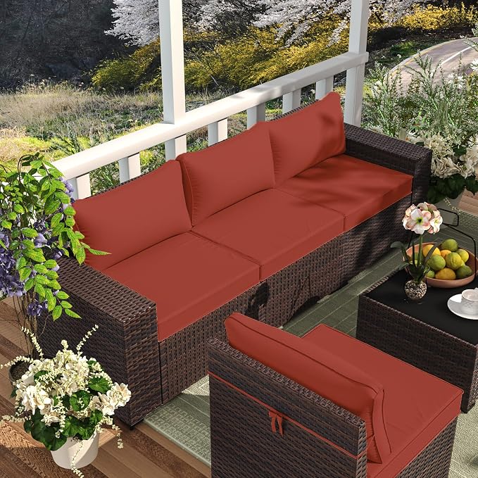 7 Pieces Outdoor Patio Furniture Set Wicker Sectional Sofa with Cushions & Tea Table Patio Rattan Conversation Chair Sofa Set Redā¦