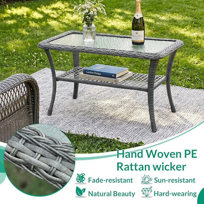 VIVIJASON Outdoor Wicker Coffee Table, All-Weather Rattan Patio Coffee Table with 2-Tier Storage, Tempered Glass Top Rectangle Center Table for Deck, Garden, Balcony, Indoor or Outdoor Use, Gray