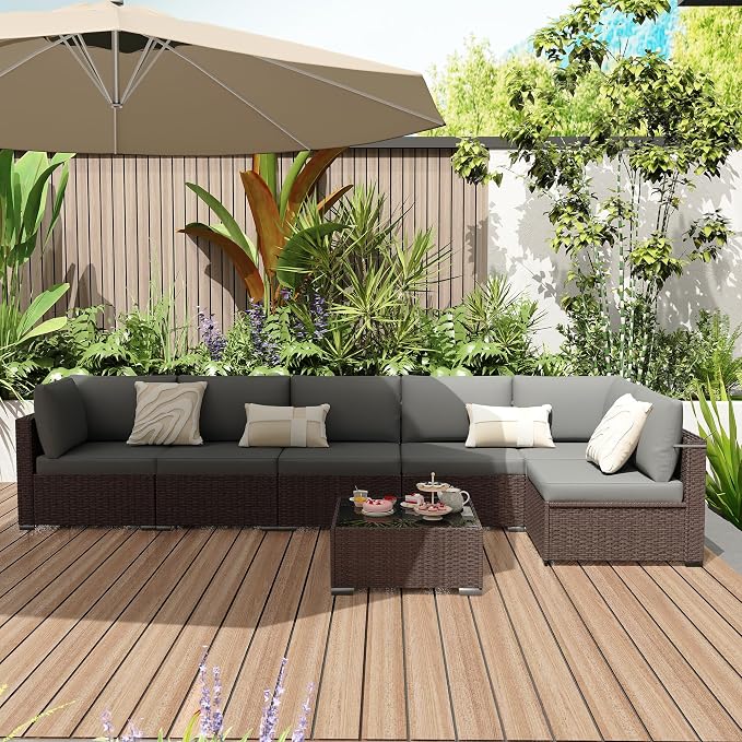 KIGOTY 7-Piece Patio Furniture Set, All-Weather PE Rattan Outdoor Sectional Sofa, Modular Wicker Conversation Set with Thick Cushions & Easy-Clean Coffee Table(Brown/Dark Grey)