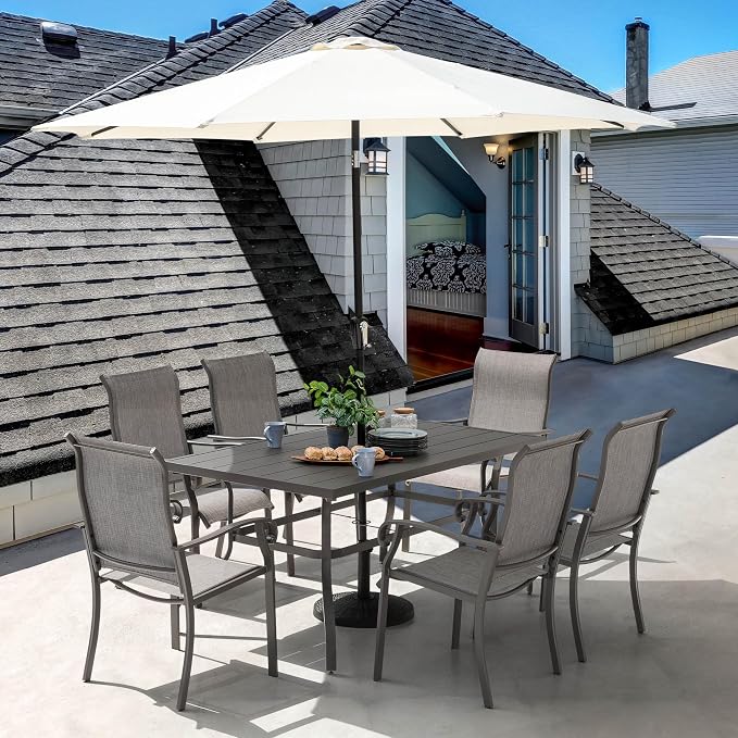 NUU GARDEN Outdoor Patio Dining Set 7 Piece Furniture Set Including 61"x37" Rectangular Outdoor Metal Patio Dining Table and 6 Gray Textilene Chairs for Garden, Patio and Poolside Backyards