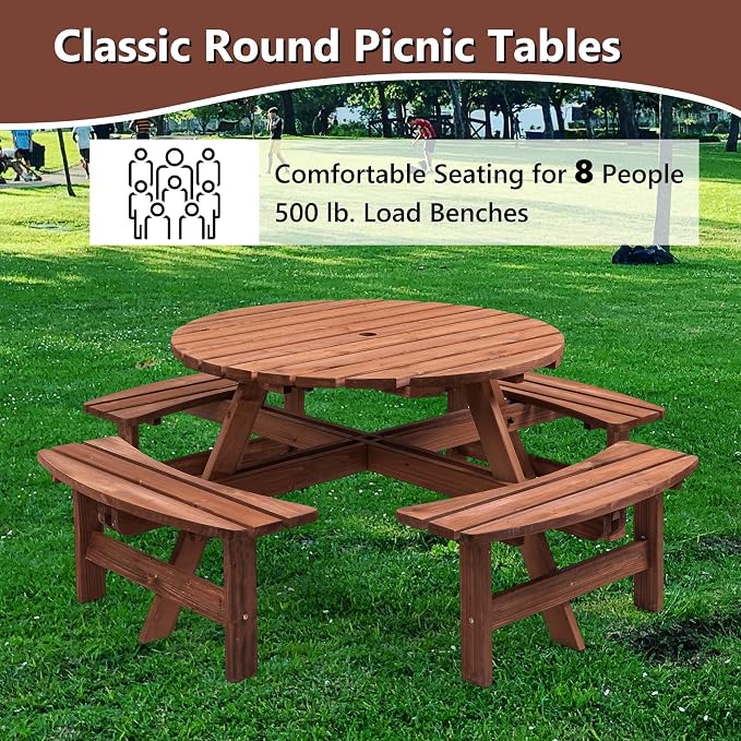 Outdoor Picnic Table for 8 Person, Wooden Picnic Tables with 4 Built-in Benches and Umbrella Hole Outside Table and Bench Set Round Picnic Table for Garden, Backyard, Porch,Patio (Natural