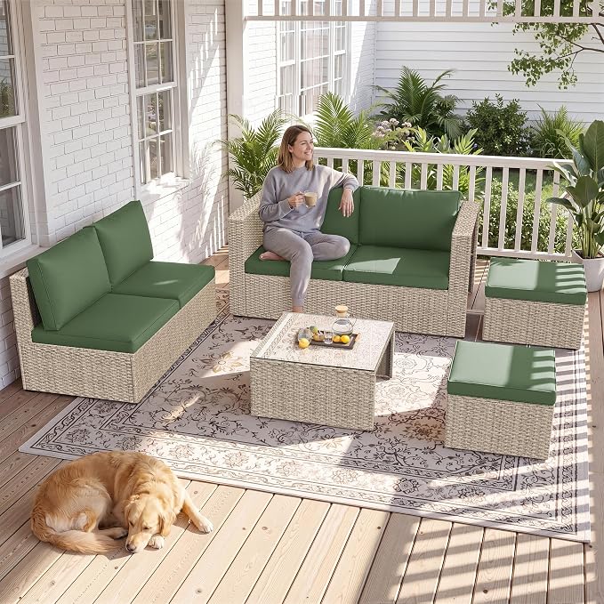 Amopatio Patio Furniture Set, All-Weather Wicker Outdoor Conversation Set with Glass Coffee Table, Cushions & Ottomans for Deck Backyard Porch Lawn Green