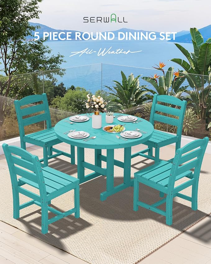 SERWALL 6-Piece Patio Dining Sets, HDPE Outdoor Table and Chairs Furniture Set with Umbrella, 45" Round Dining Table & 4 Armless Dining Chairs & 1 9FT Umbrella, Aruba(Not Include Umbrella Base)