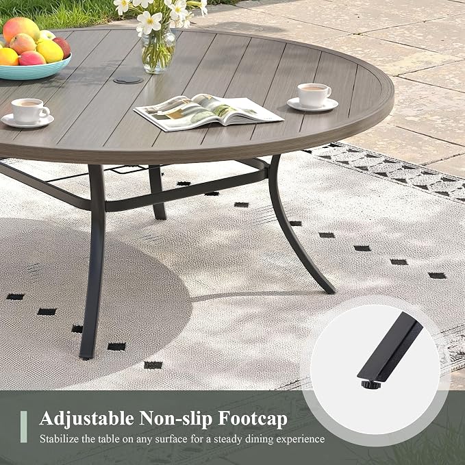 Outdoor Dining Table for 8, 60" Round Outdoor Table with Adjustable Umbrella Hole, All-Weather Metal Patio Dining Table for Lawn Garden Backyard Deck, Grey