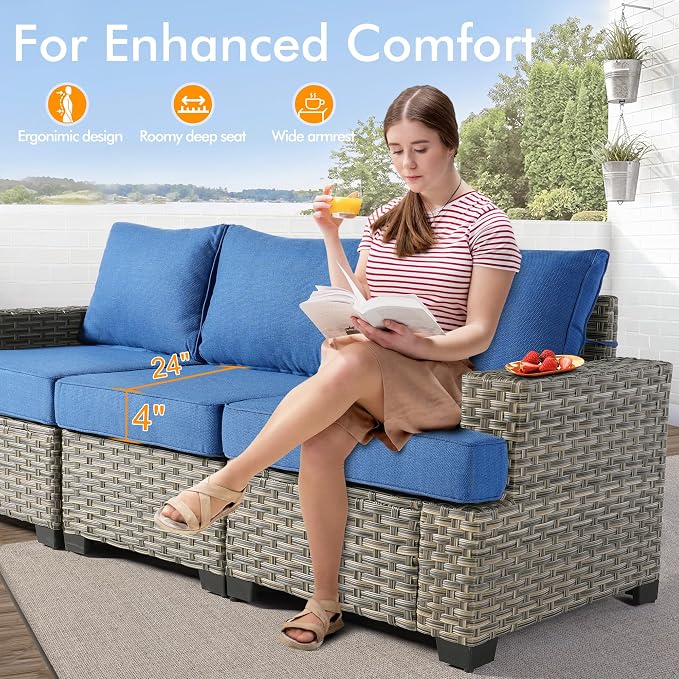 10 Pcs Outdoor Sectional Patio Furniture Set with Fire Pit Table and Swivel Rocking Chairs - All Weather Wicker Modular Outside Sectional Couch,Patio Seating Outdoor Conversation Sets,Blue