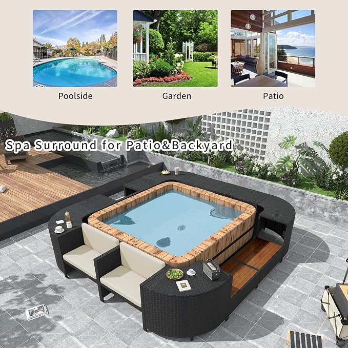 LUMISOL Square Pool Surround Spa Surround with Storage, Quadrilateral Outdoor Rattan Sectional Sofa Set with Sofa for Poolside Garden, Beige