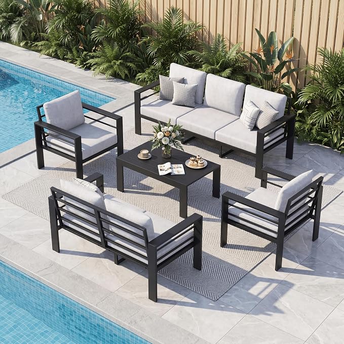 7-Seat Aluminum Patio Furniture Set, 5 Piece Outdoor Conversation Set with 4" Thick Washable Cushions & Coffee Table, Outdoor Sectional Sofa for Backyard, Deck, Porch, Poolside