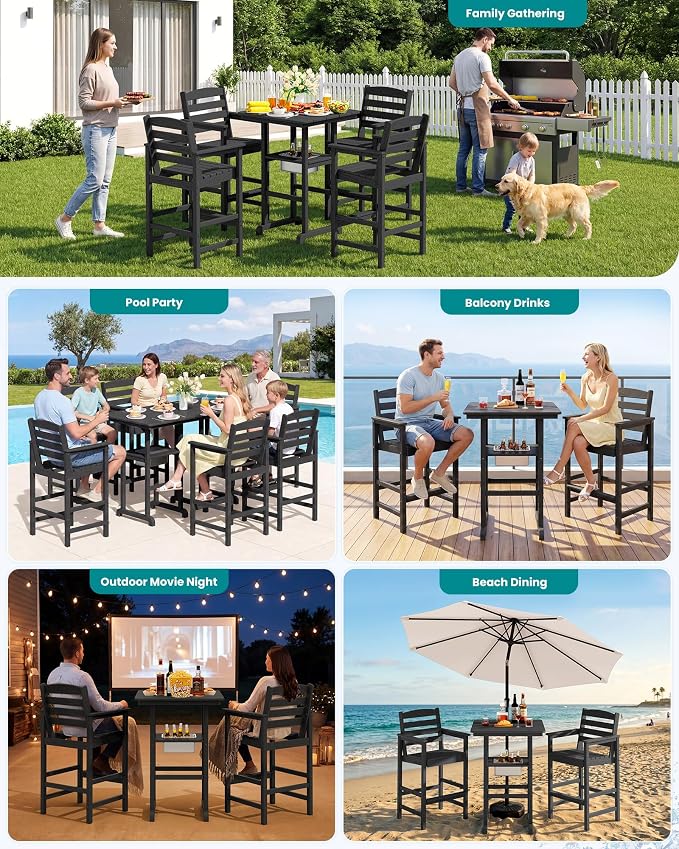 SERWALL Balcony Adirondack Chairs and Table 3 Pieces Set, HDPE Bar Height Chairs Set of 2 and Bar Table with Ice Bucket, Outdoor Bar Stools Set for Bistro, Poolside, Backyard, Black