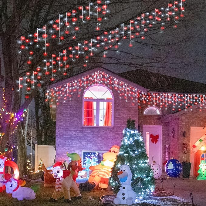 33ft Red and White Icicle Lights for Outside, 400 LED Christmas Lights | Clear Wire Connectable Twinkle Lights with 8 Modes Timer Waterproof for House Window Party Tree Holiday Patio Yard Home Decor
